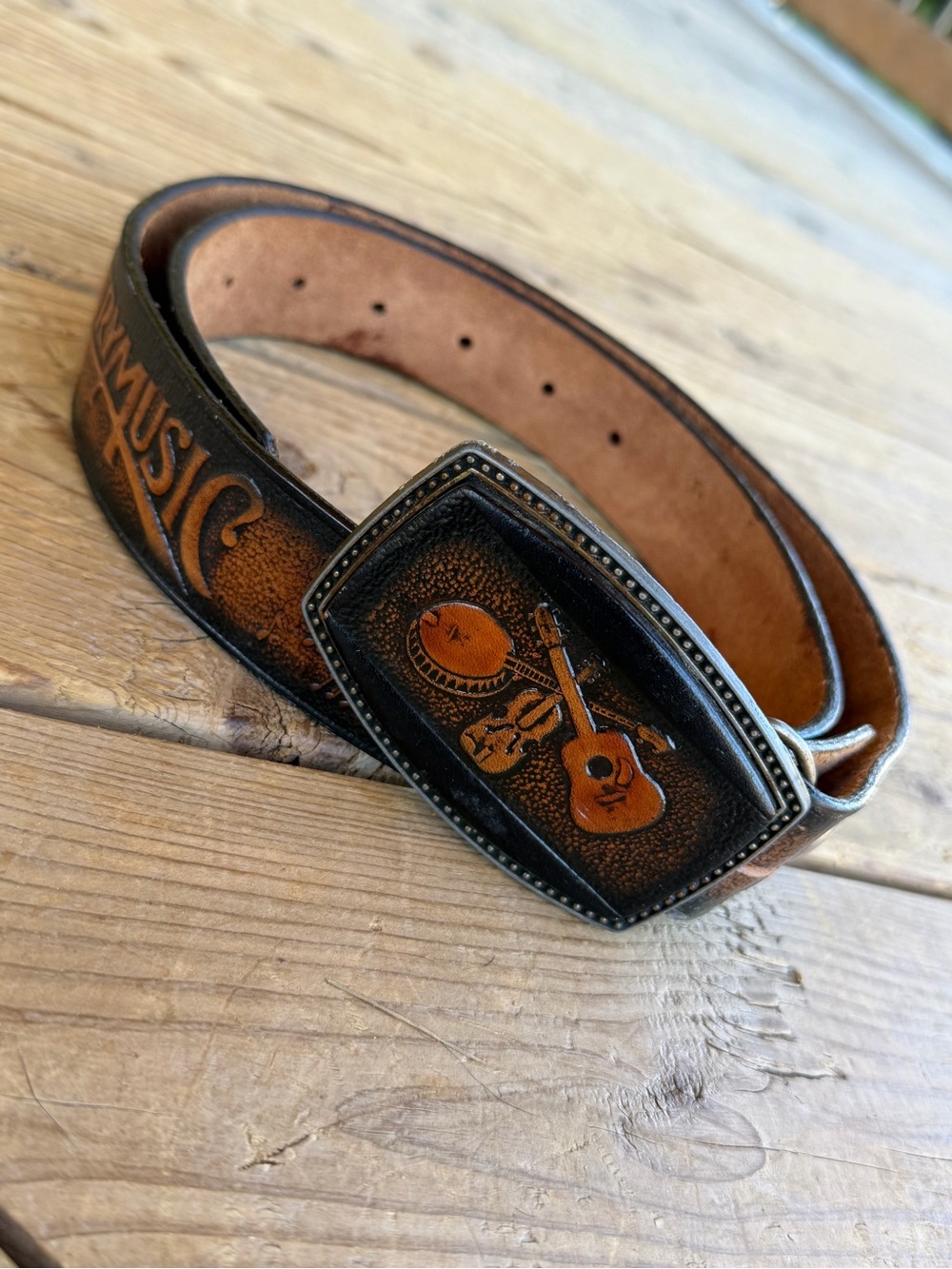 Vintage Cow Hide Leather Country Music Embossed Belt